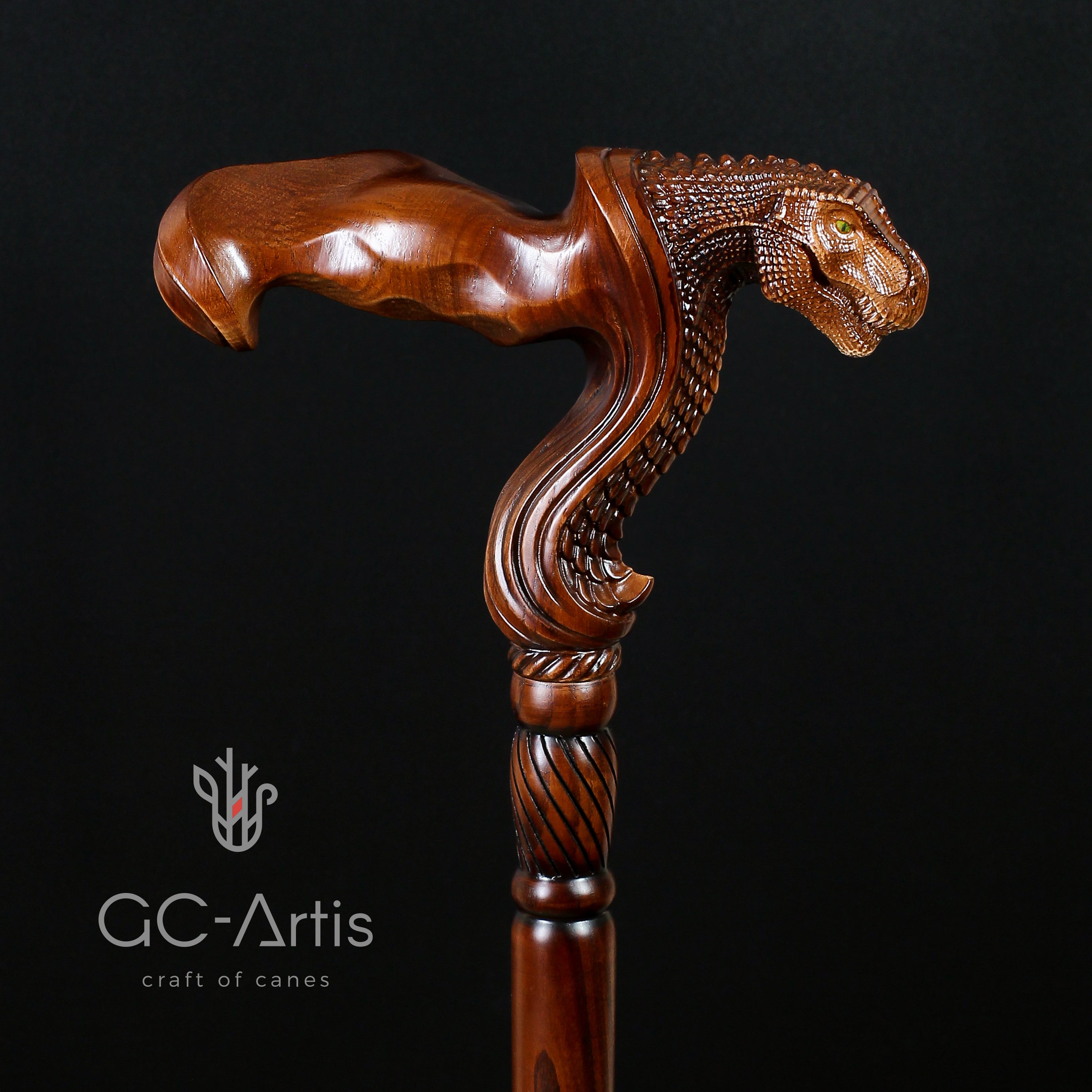 T-Rex Dinosaur Head - Ergonomical Handle Walking Stick Cane Wooden - GC-Artis Walking Sticks Canes