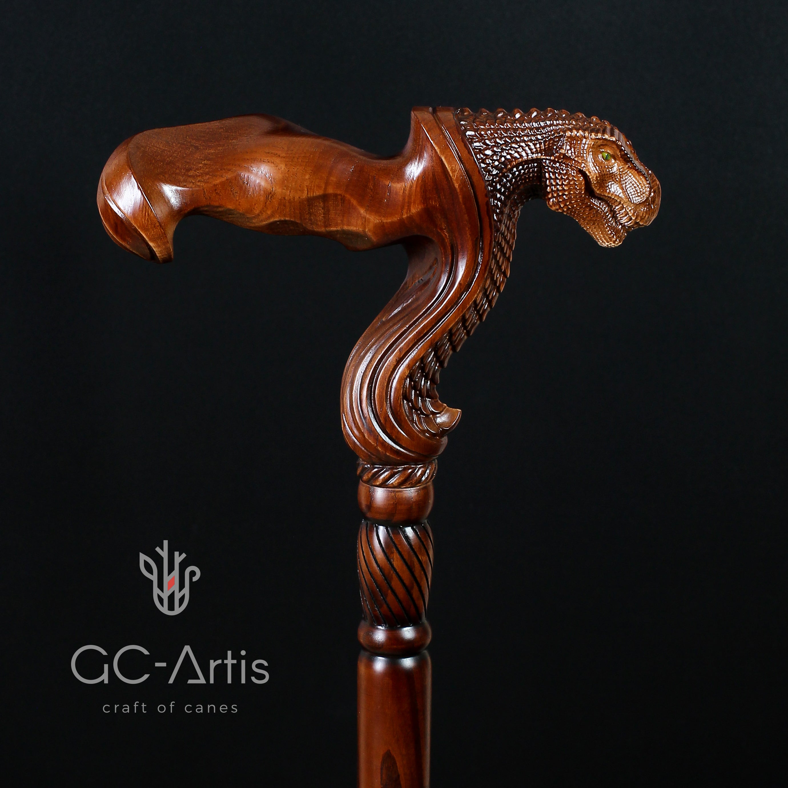 T-Rex Dinosaur Head - Ergonomical Handle Walking Stick Cane Wooden - GC-Artis Walking Sticks Canes