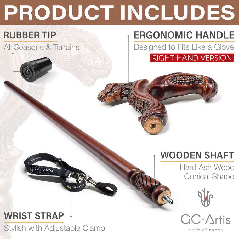 T-Rex Dinosaur Head - Ergonomical Handle Walking Stick Cane Wooden - GC-Artis Walking Sticks Canes