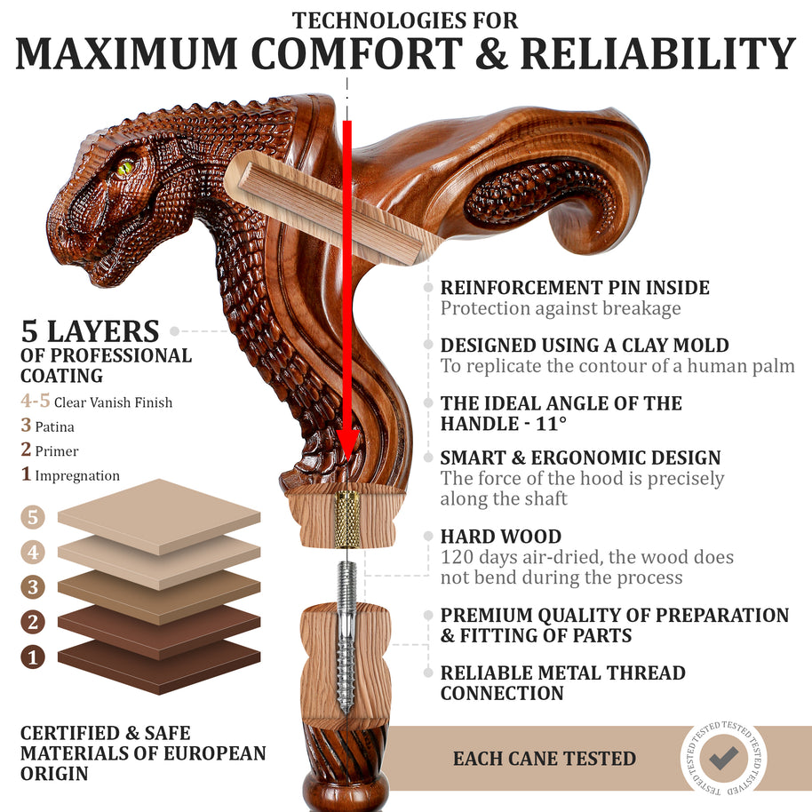 Tête de dinosaure T-Rex - Canne de marche en bois avec poignée ergonomique