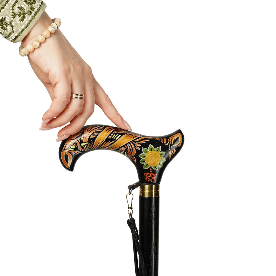 Tree Life Celt on Black Runa – Hand-Painted Artisan Walking Cane