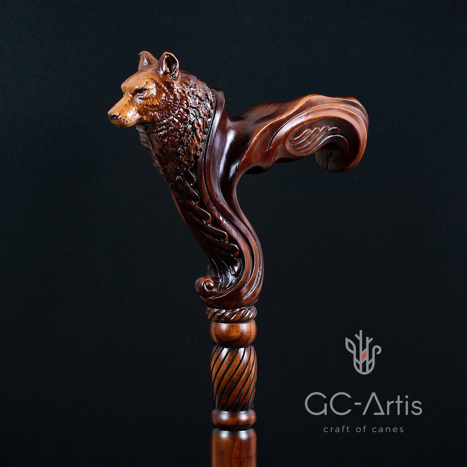 Bastón de madera con cabeza de lobo - Empuñadura ergonómica de palma