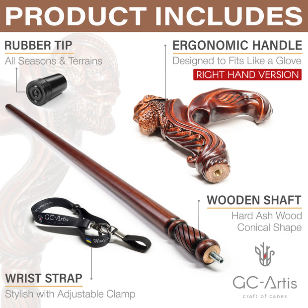 Viking Warrior - Wooden Walking Cane Stick Ergonomic Palm Grip
