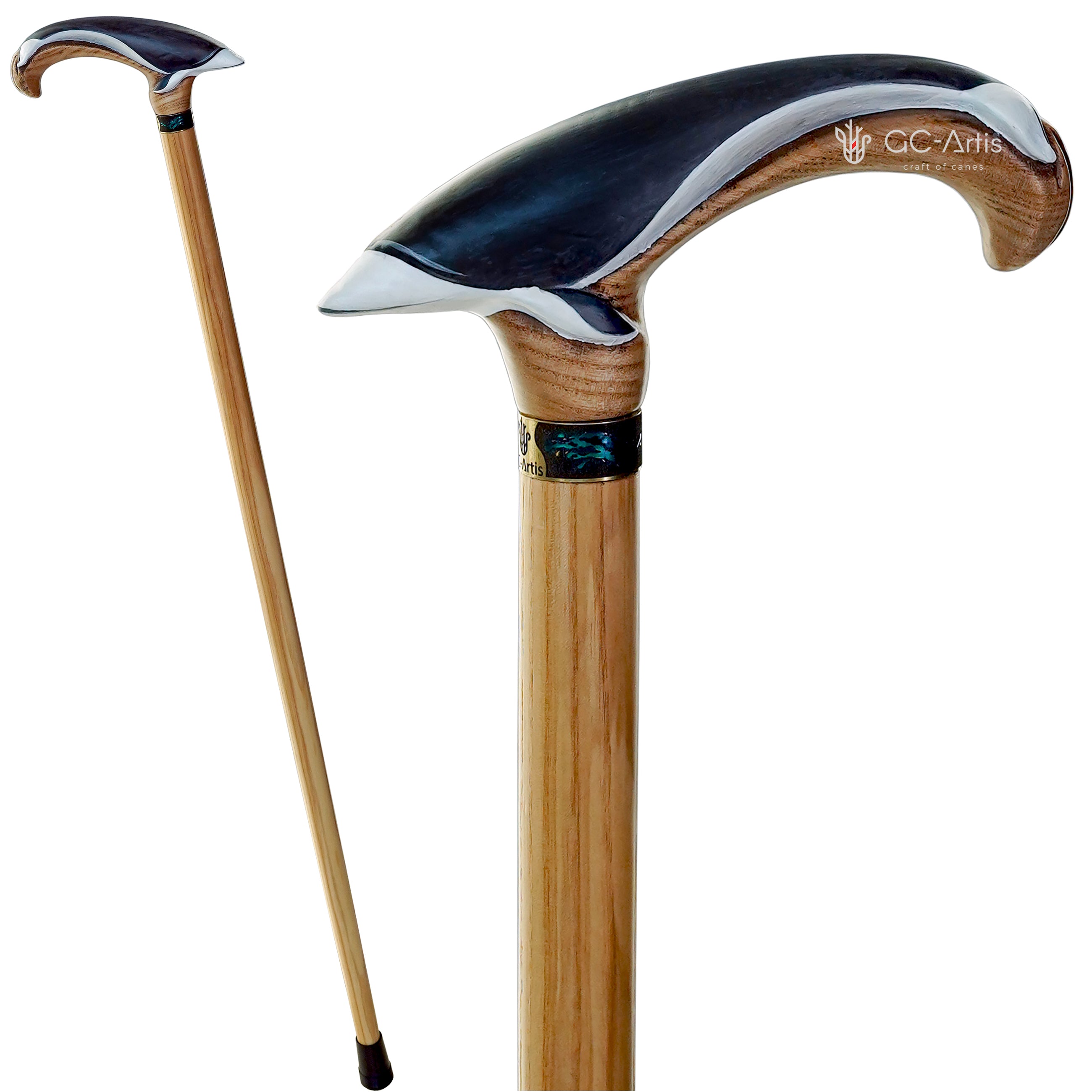 Wooden Cane Walking Stick Whale Dolphin Sea Style
