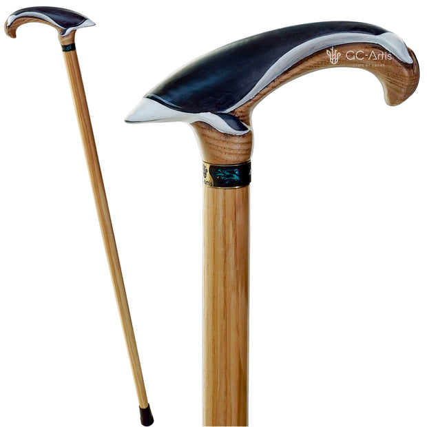 Wooden Cane Walking Stick Whale Dolphin Sea Style