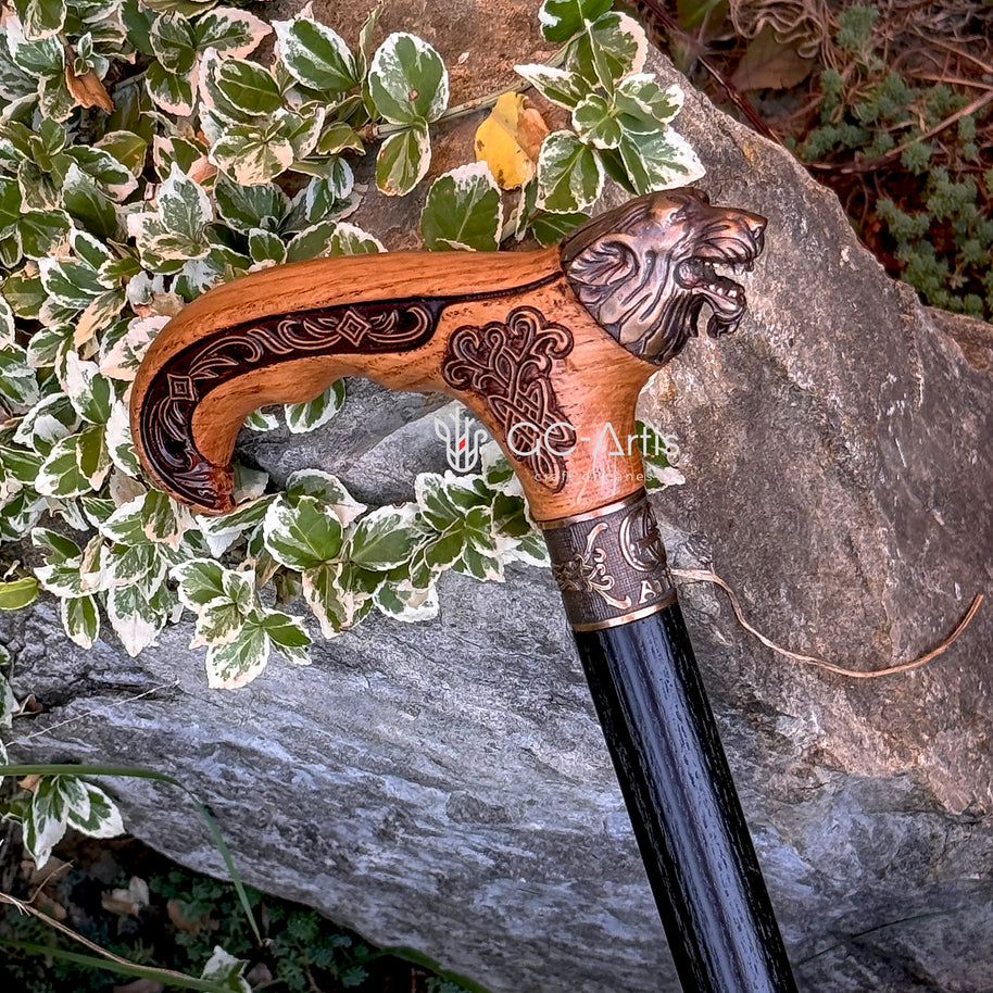 Canne de marche Tête de loup Bronze & Bois