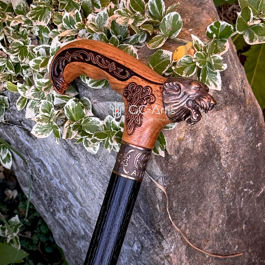 Canne de marche Tête de loup Bronze & Bois