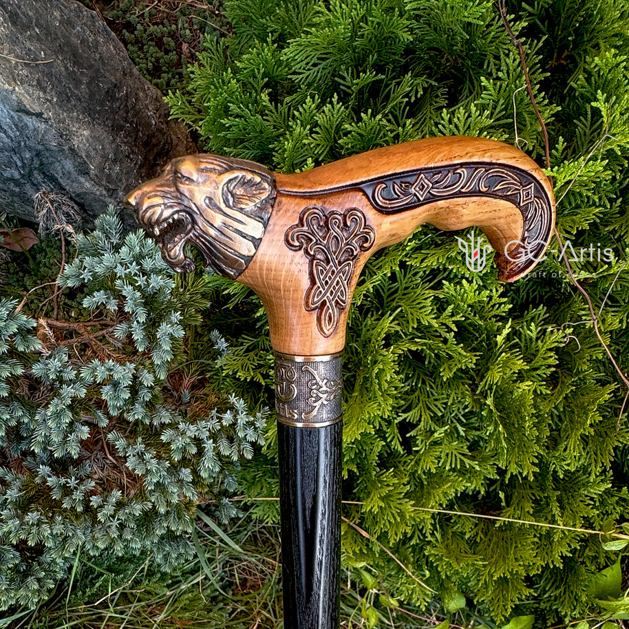 Canne de marche Tête de loup Bronze & Bois