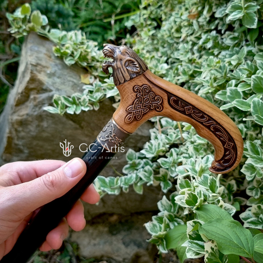 Canne de marche Tête de loup Bronze & Bois