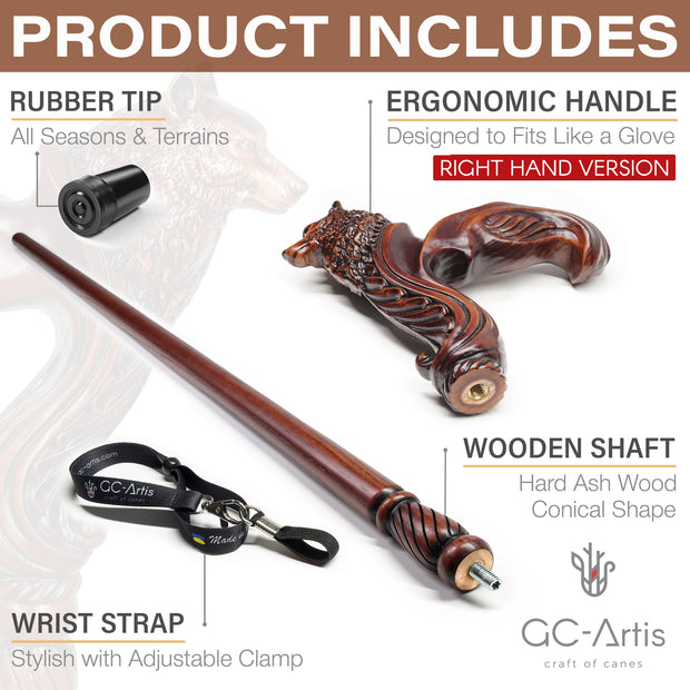 Wolf Wooden Walking Cane stick - Ergonomic Palm Grip Handle