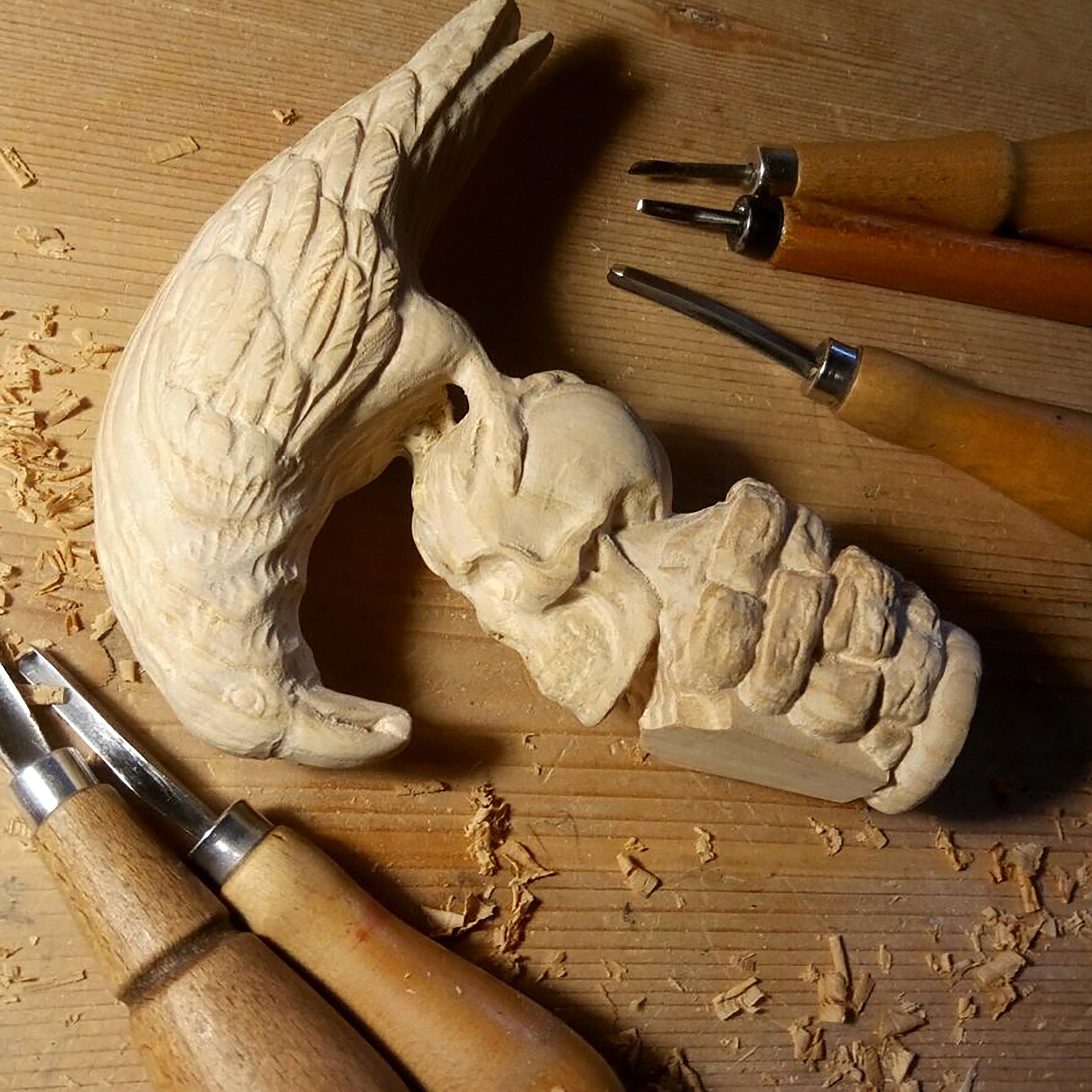 Crow & Skull – Designer Wooden Walking Cane - GCArtis - Hand carved Wooden Canes - wood, Metal