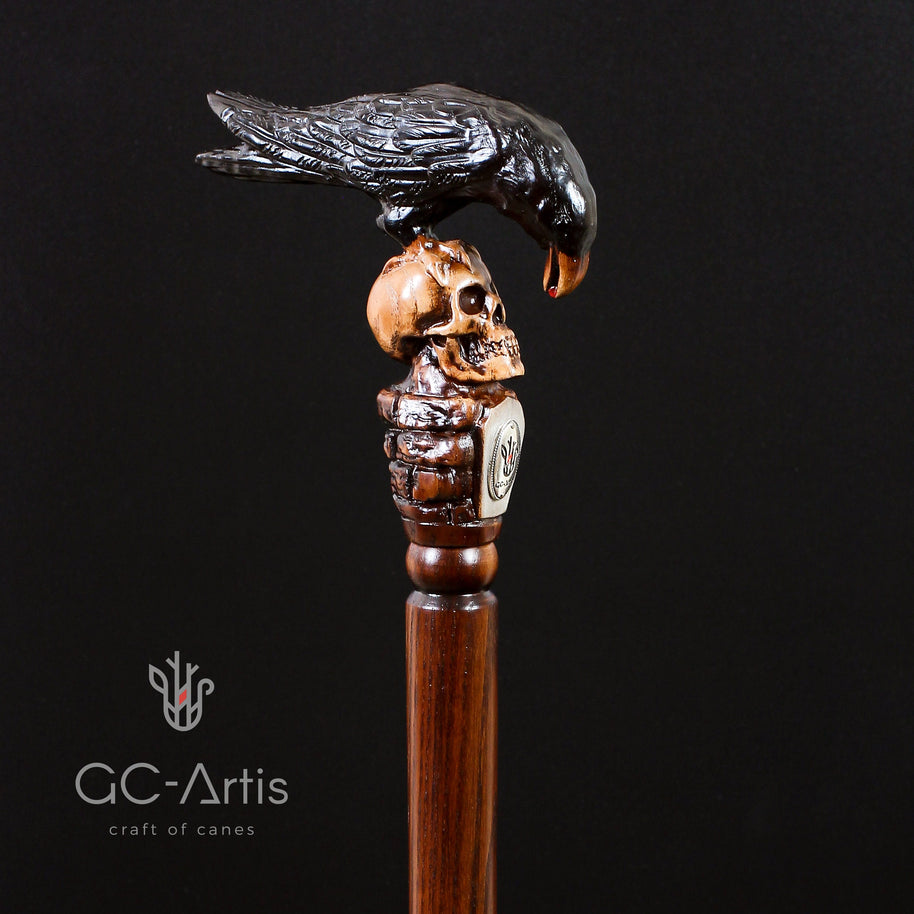 Crow & Skull – Designer Wooden Walking Cane - GCArtis - Hand carved Wooden Canes - wood, Metal