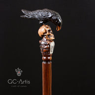 Crow & Skull – Designer Wooden Walking Cane - GCArtis - Hand carved Wooden Canes - wood, Metal
