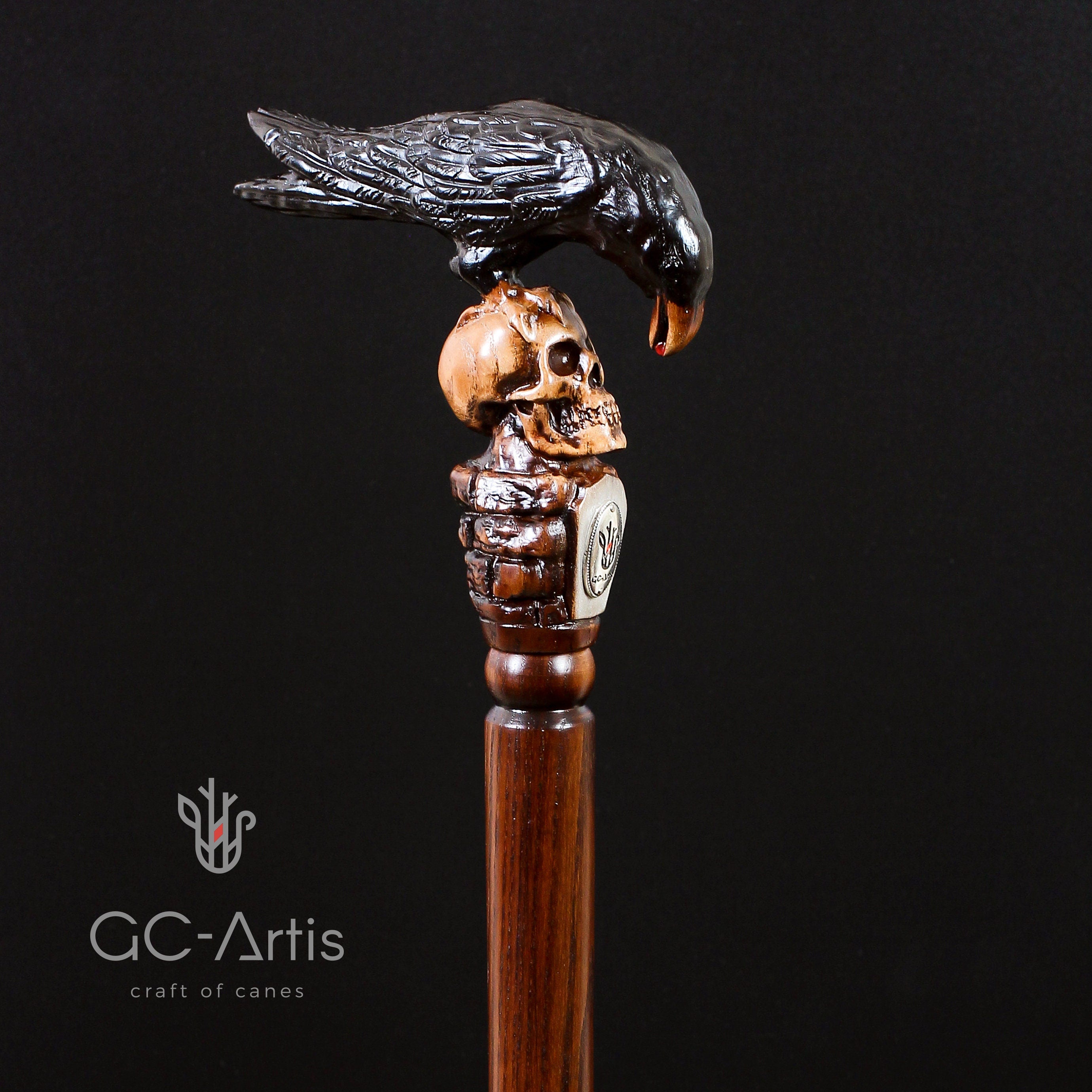 Crow & Skull – Designer Wooden Walking Cane - GCArtis - Hand carved Wooden Canes - wood, Metal