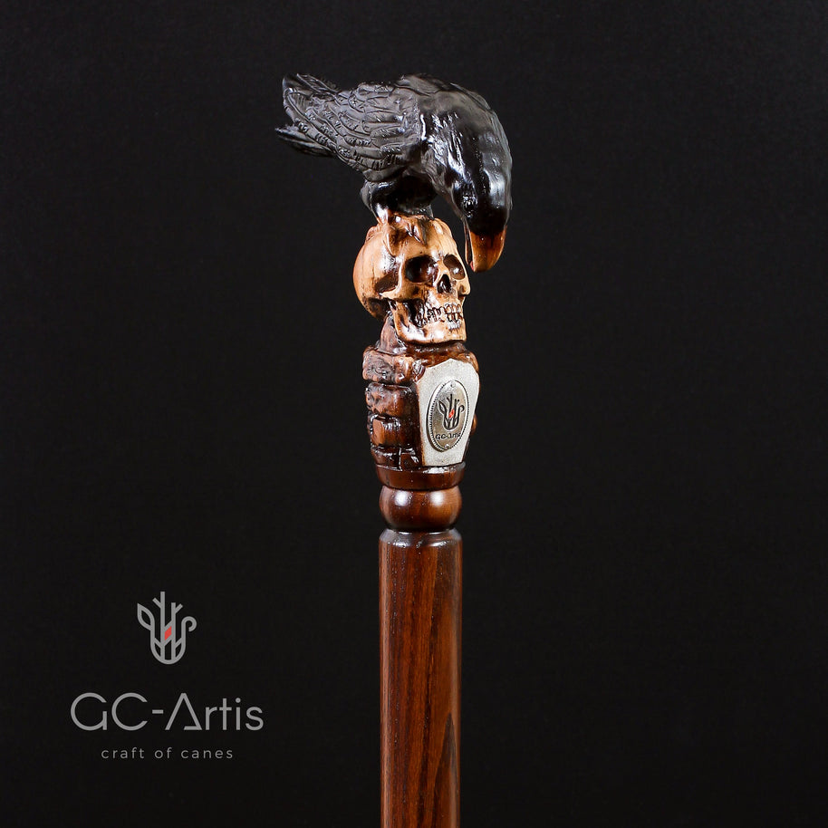 Crow & Skull – Designer Wooden Walking Cane - GCArtis - Hand carved Wooden Canes - wood, Metal