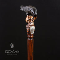 Crow & Skull – Designer Wooden Walking Cane - GCArtis - Hand carved Wooden Canes - wood, Metal