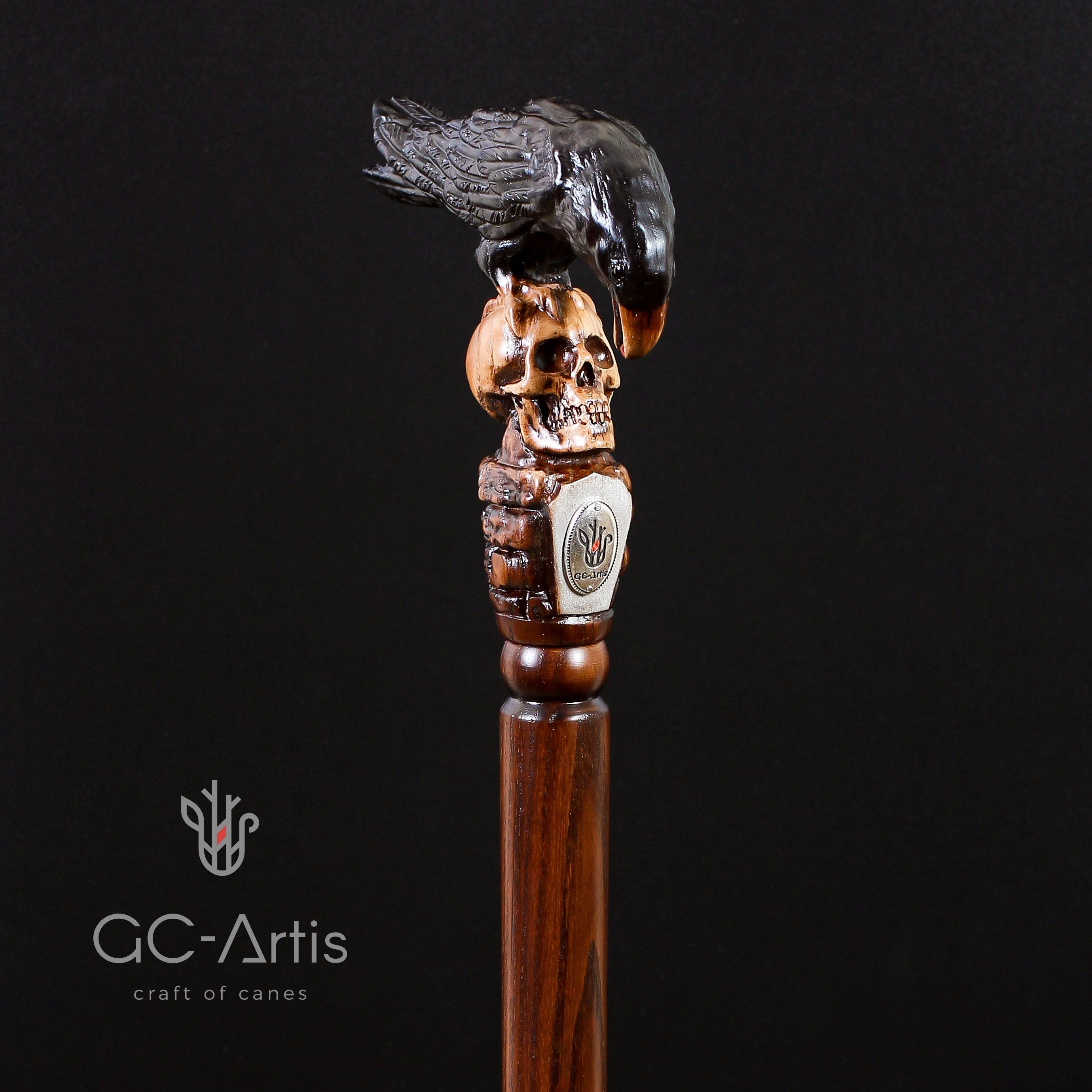 Crow & Skull – Designer Wooden Walking Cane - GCArtis - Hand carved Wooden Canes - wood, Metal
