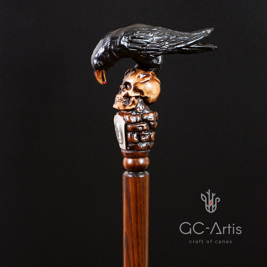 Crow & Skull – Designer Wooden Walking Cane - GCArtis - Hand carved Wooden Canes - wood, Metal