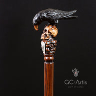 Crow & Skull – Designer Wooden Walking Cane - GCArtis - Hand carved Wooden Canes - wood, Metal