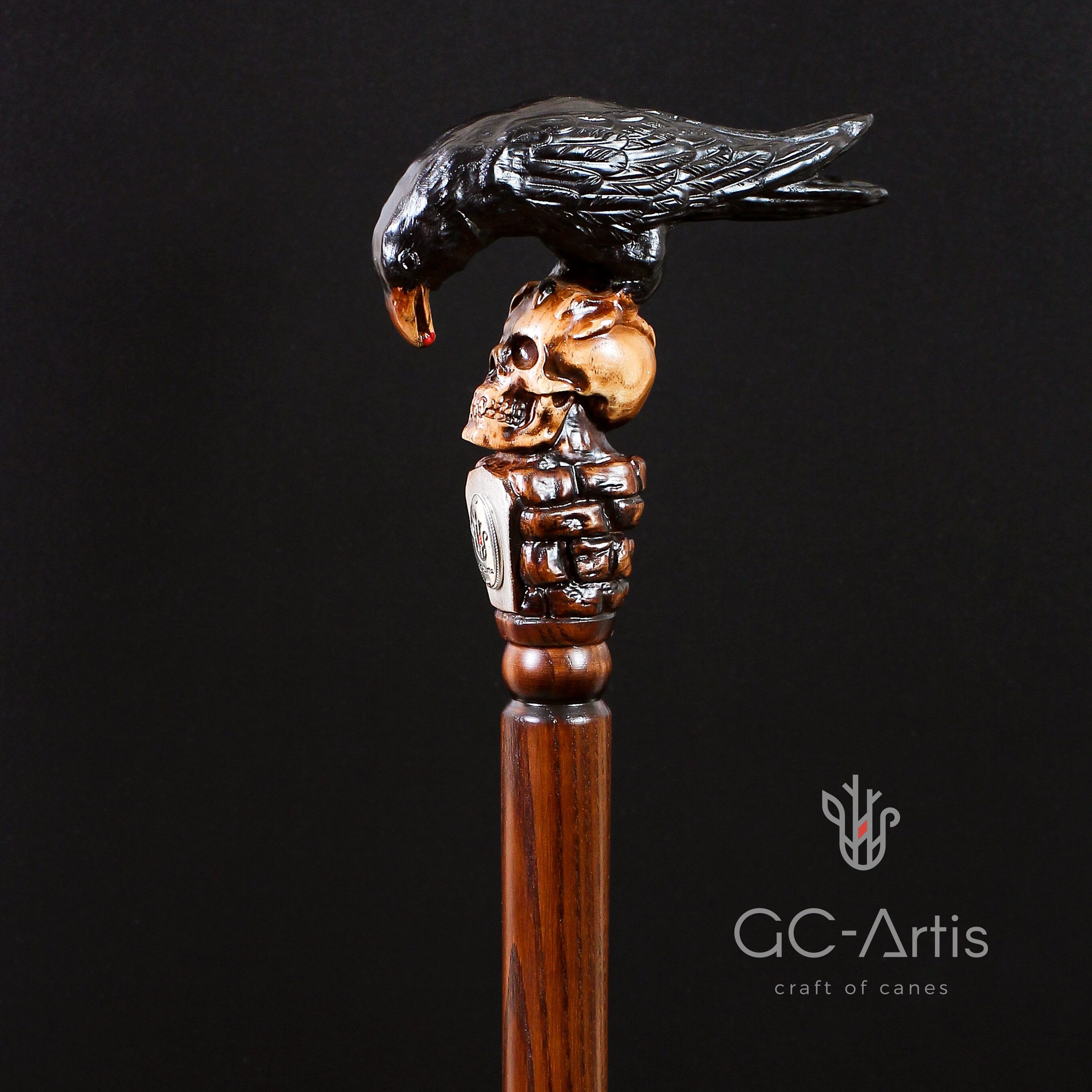 Crow & Skull – Designer Wooden Walking Cane - GCArtis - Hand carved Wooden Canes - wood, Metal