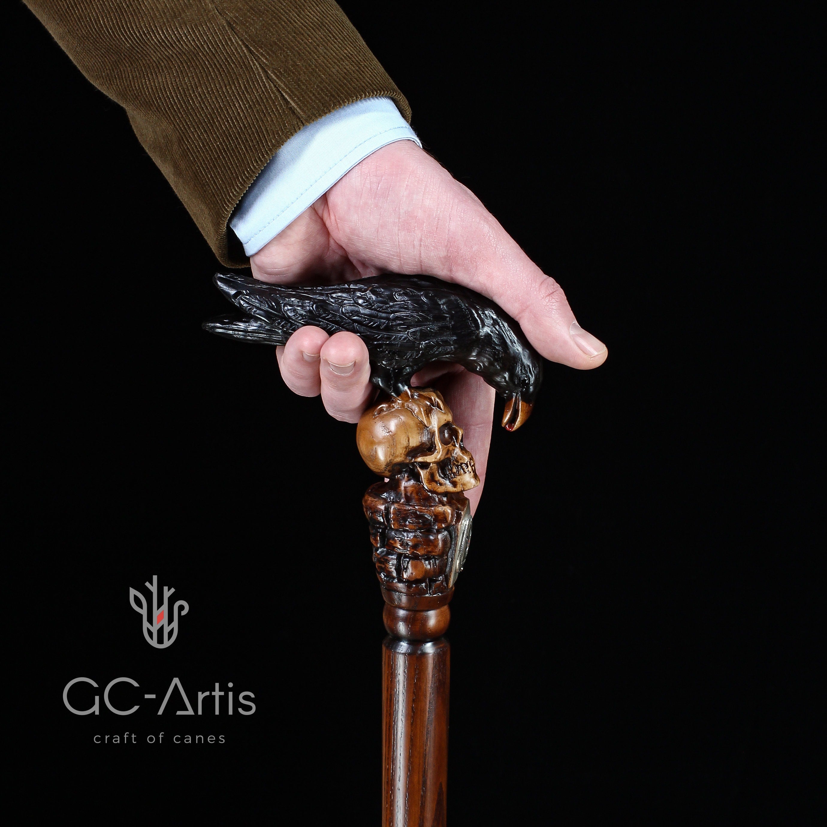 Crow & Skull – Designer Wooden Walking Cane - GCArtis - Hand carved Wooden Canes - wood, Metal