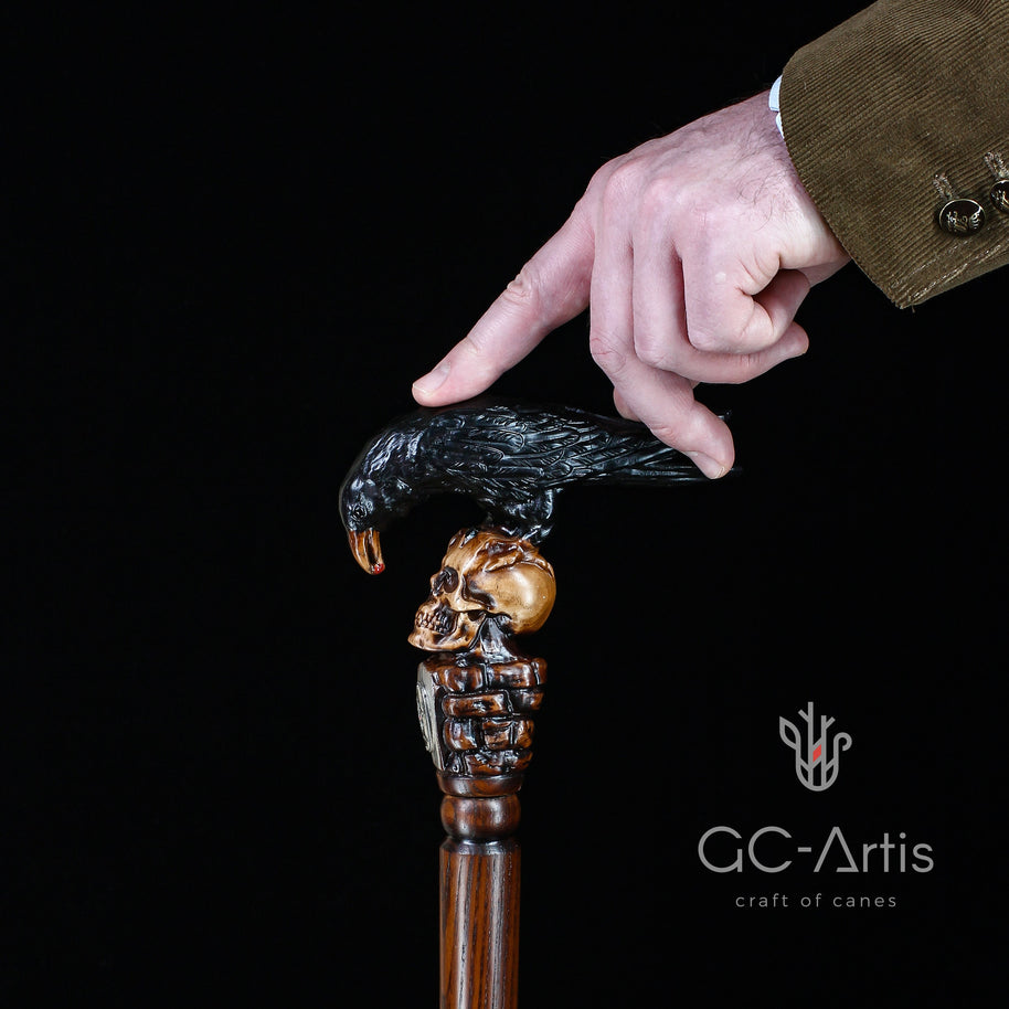 Crow & Skull – Designer Wooden Walking Cane - GCArtis - Hand carved Wooden Canes - wood, Metal