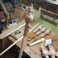 Wooden Walking Staff for Santa Claus, hand painted crafted Christmas accesory with Rudolph Reindeer, Moon - lighting nose & Elves lamp