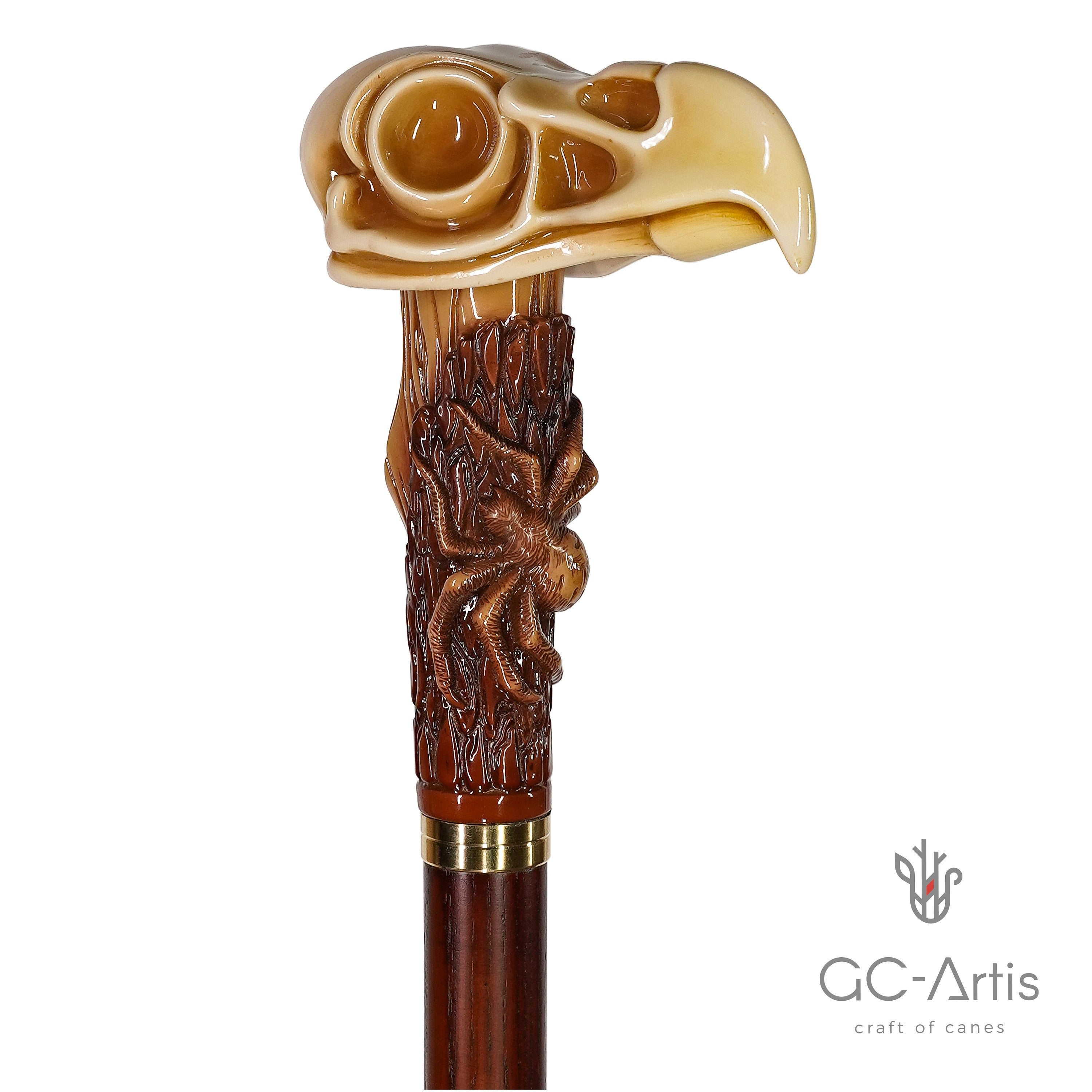 Collectible Walking Stick Cane Eagle Skull with Stylish Art Stone Handle, wooden shaft Walking Cane with skull & spider for man women