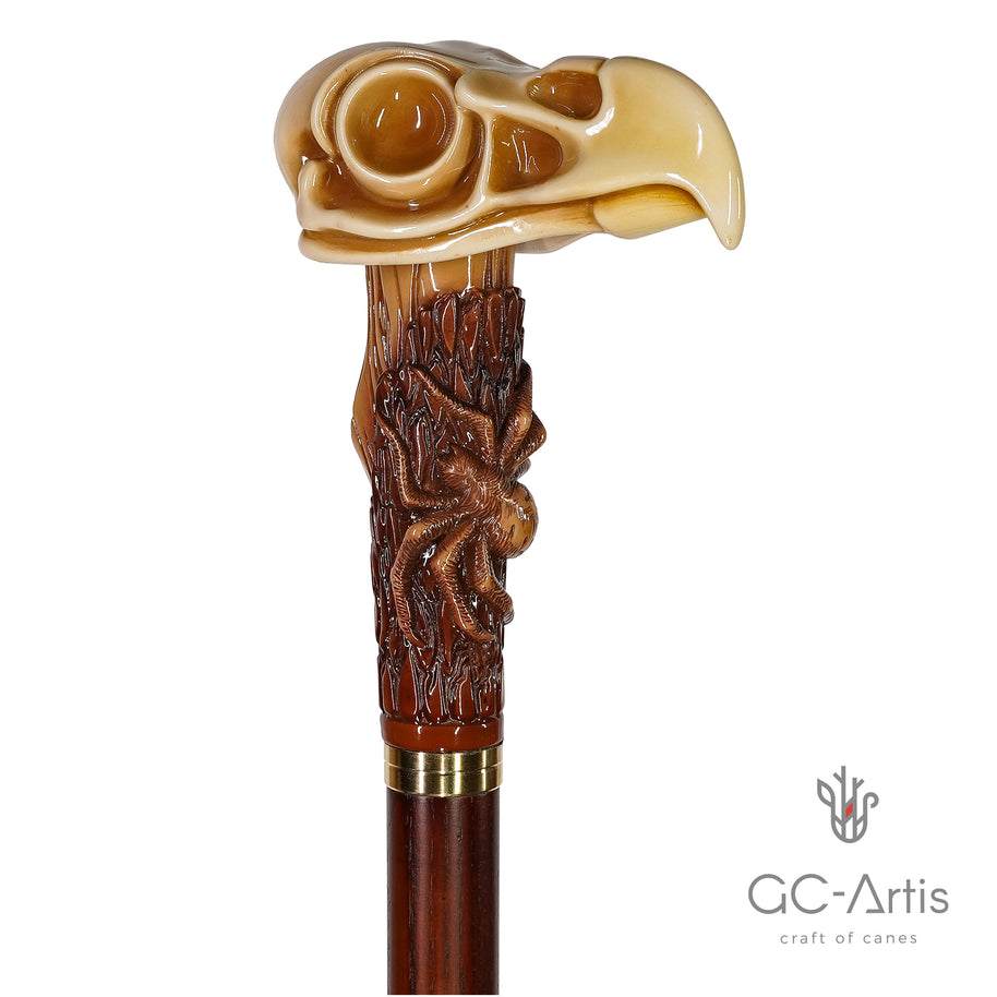 Collectible Walking Stick Cane Eagle Skull with Stylish Art Stone Handle, wooden shaft Walking Cane with skull & spider for man women