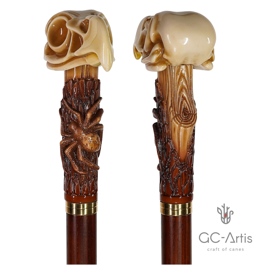 Collectible Walking Stick Cane Eagle Skull with Stylish Art Stone Handle, wooden shaft Walking Cane with skull & spider for man women