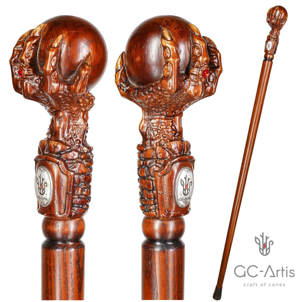 Dragon Сlaw Walking Hiking Stick, Wooden Walking Cane, Wood crafted Staff, Hand made Trekking Pole - Carved Ball Knob Handle. Fantasy style