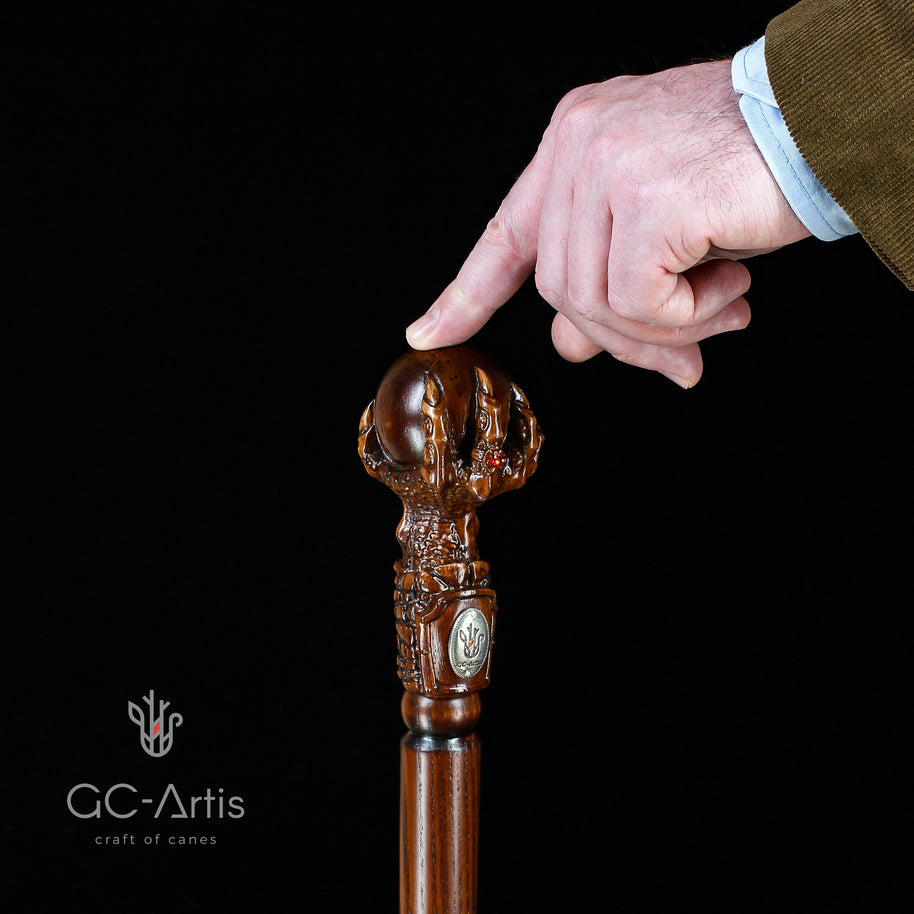 Dragon Сlaw Walking Hiking Stick, Wooden Walking Cane, Wood crafted Staff, Hand made Trekking Pole - Carved Ball Knob Handle. Fantasy style