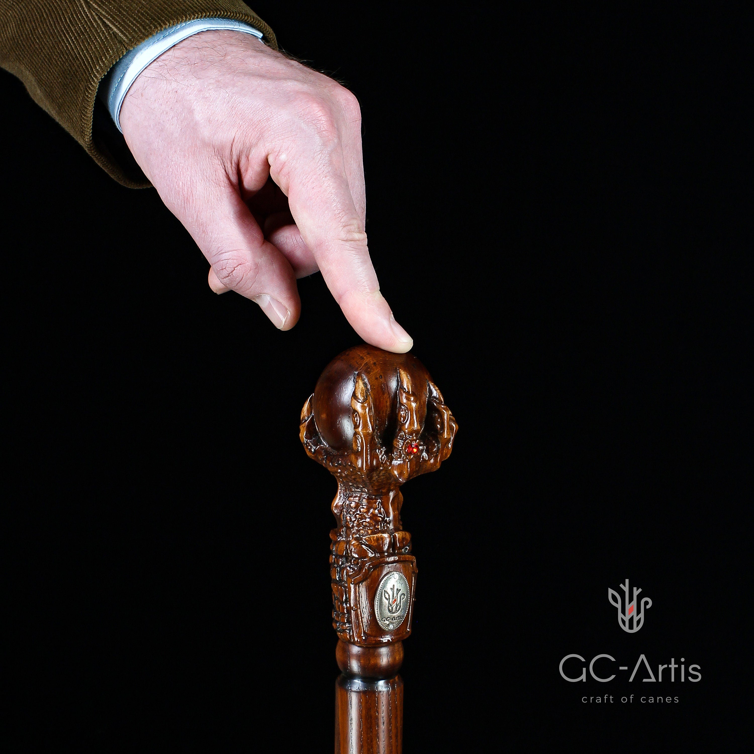 Dragon Сlaw Walking Hiking Stick, Wooden Walking Cane, Wood crafted Staff, Hand made Trekking Pole - Carved Ball Knob Handle. Fantasy style