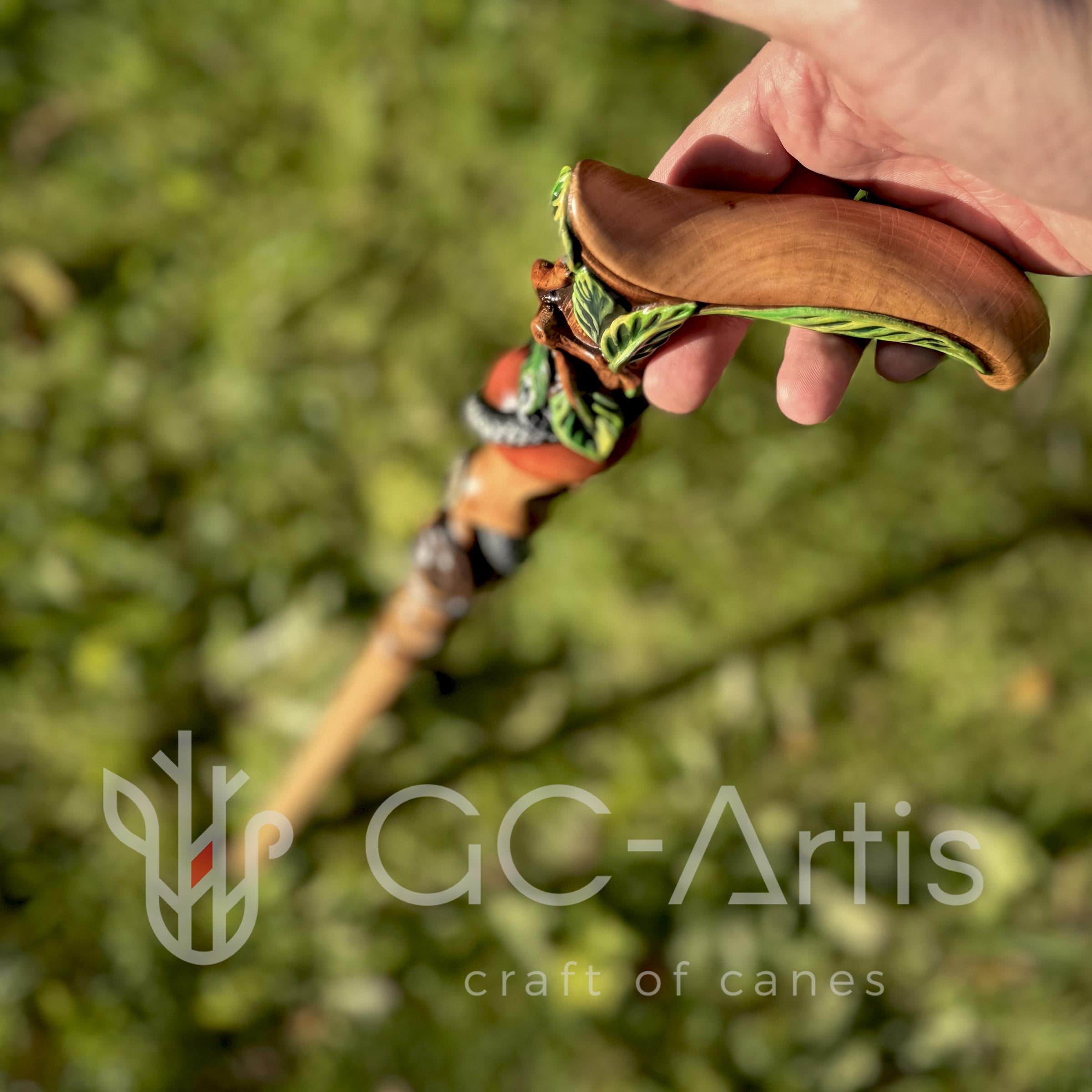 Adam and Eve Walking cane - Handpainted Paradise Apple & Snake Wooden walking stick, Holy Bible plot, Religion style Christian Pilgrim staff