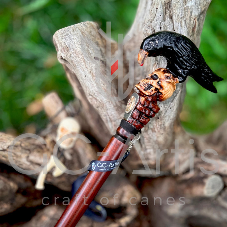 Crow & Skull – Designer Wooden Walking Cane - GCArtis - Hand carved Wooden Canes - wood, Metal