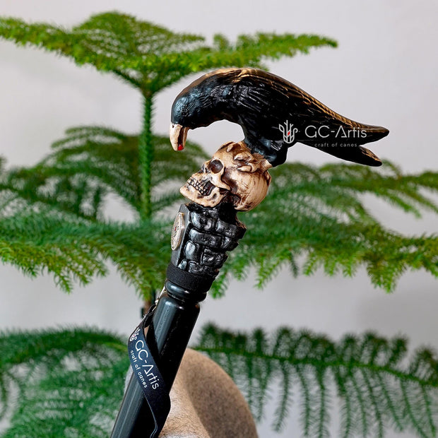 Crow & Skull – Designer Wooden Walking Cane - GCArtis - Hand carved Wooden Canes - wood, Metal