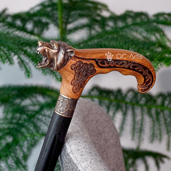 Bear Bronze & Wood Walking Cane Stick - light wooden handle with Animal Grizzly head Celtic ornament - black wooden shaft - for men women