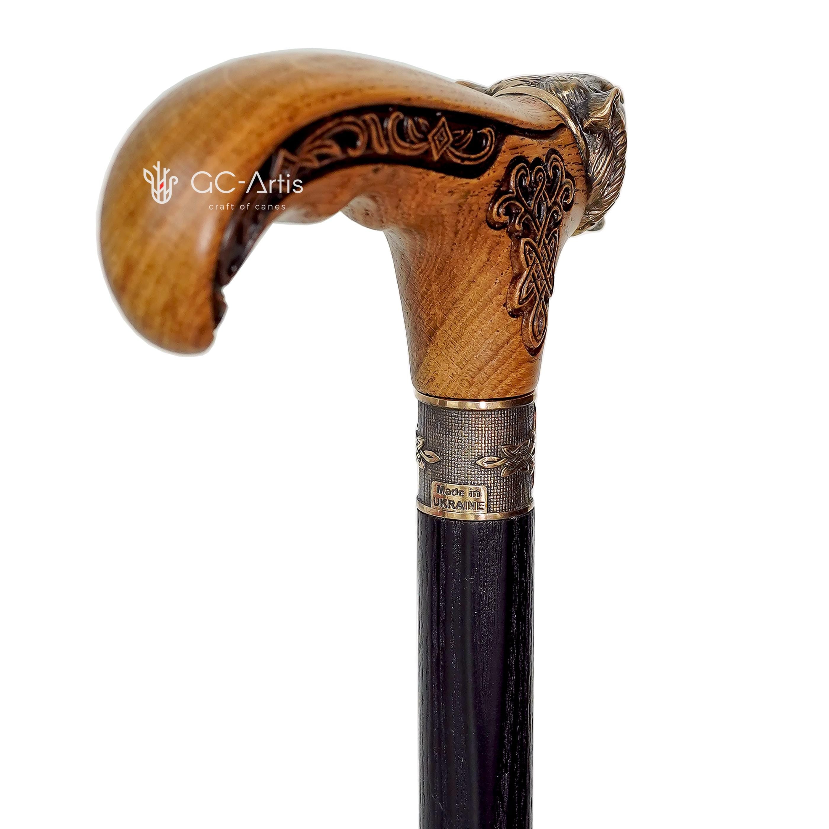 Bear Bronze & Wood Walking Cane Stick - light wooden handle with Animal Grizzly head Celtic ornament - black wooden shaft - for men women