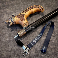 Bear Bronze & Wood Walking Cane Stick - light wooden handle with Animal Grizzly head Celtic ornament - black wooden shaft - for men women