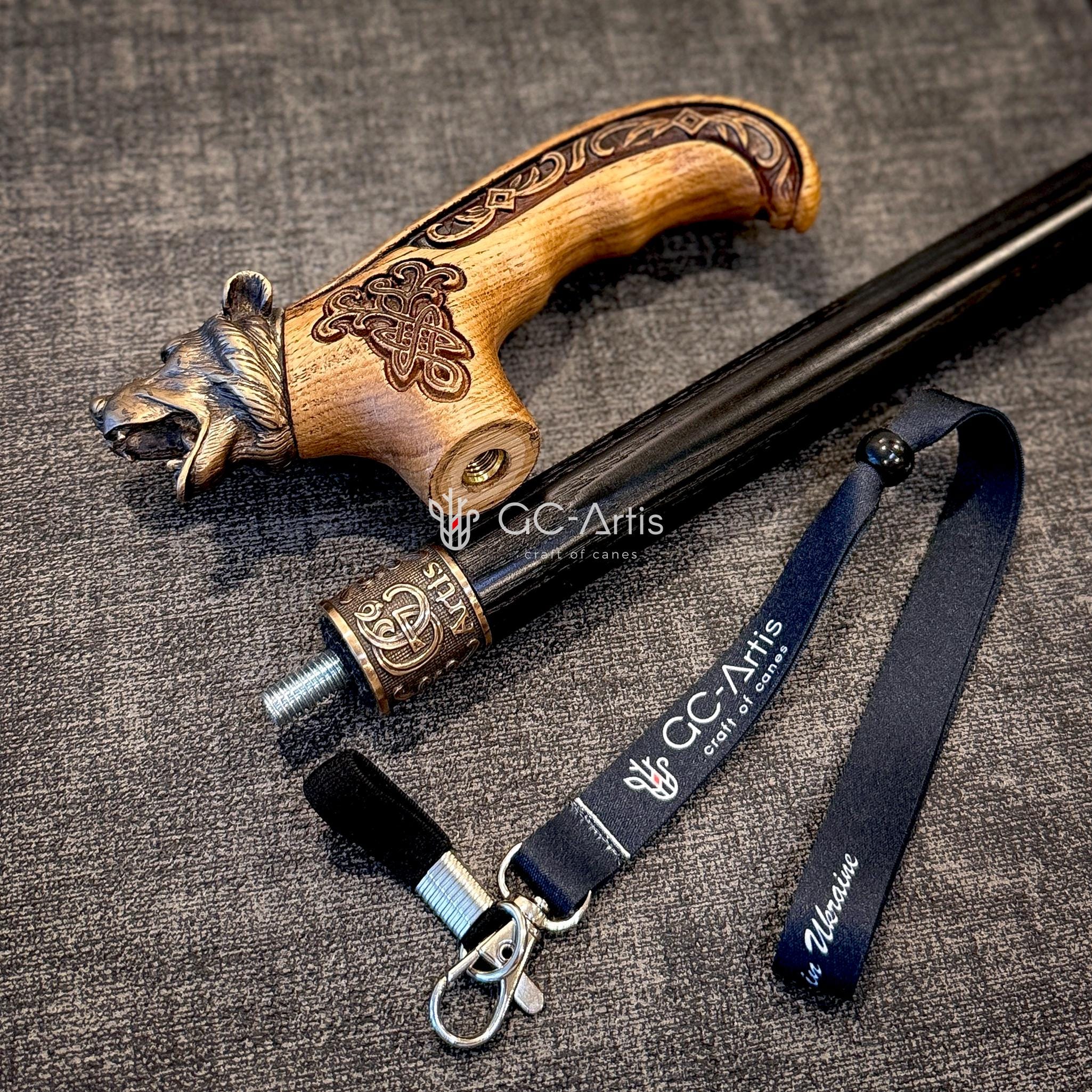 Bear Bronze & Wood Walking Cane Stick - light wooden handle with Animal Grizzly head Celtic ornament - black wooden shaft - for men women