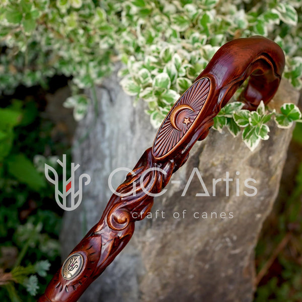 Islam symbol Wooden Walking Stick Cane - Religion Wood carved crafted crook handle Pilgrim Walking Cane with Star and Crescent