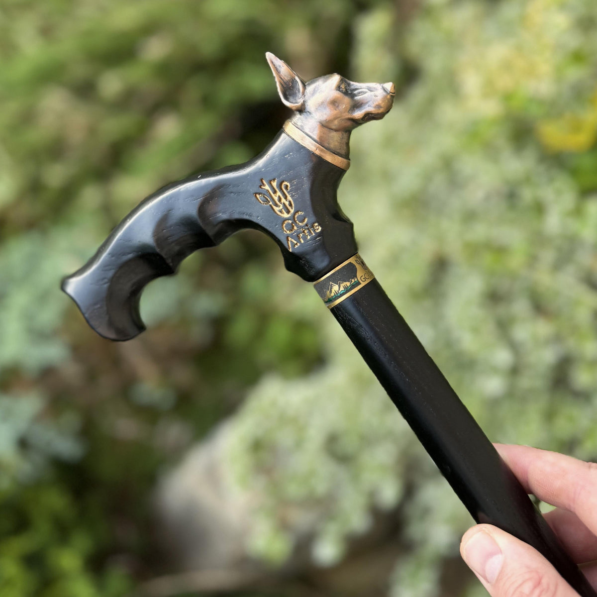 Doberman Dog Brass Walking Cane Bronze & Wood black walking stick