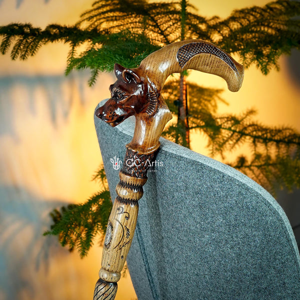 Wolf Light Wooden Walking Cane Stick- Hiking Staff Wood Crafted Hand made Caved Handle art Walking stick cane best gift idea for man woman