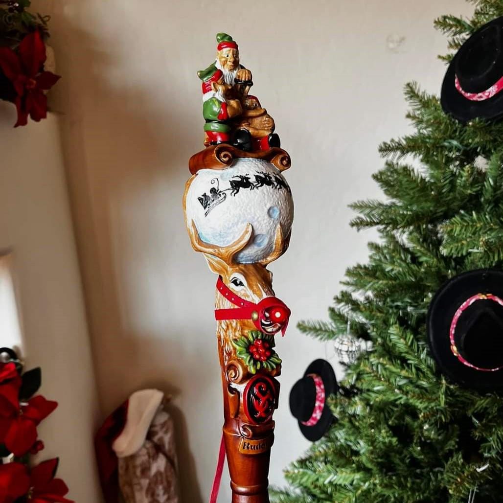 Wooden Walking Staff for Santa Claus, hand painted crafted Christmas accesory with Rudolph Reindeer, Moon - lighting nose & Elves lamp