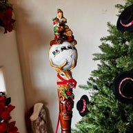 Wooden Walking Staff for Santa Claus, hand painted crafted Christmas accesory with Rudolph Reindeer, Moon - lighting nose & Elves lamp