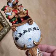 Wooden Walking Staff for Santa Claus, hand painted crafted Christmas accesory with Rudolph Reindeer, Moon - lighting nose & Elves lamp