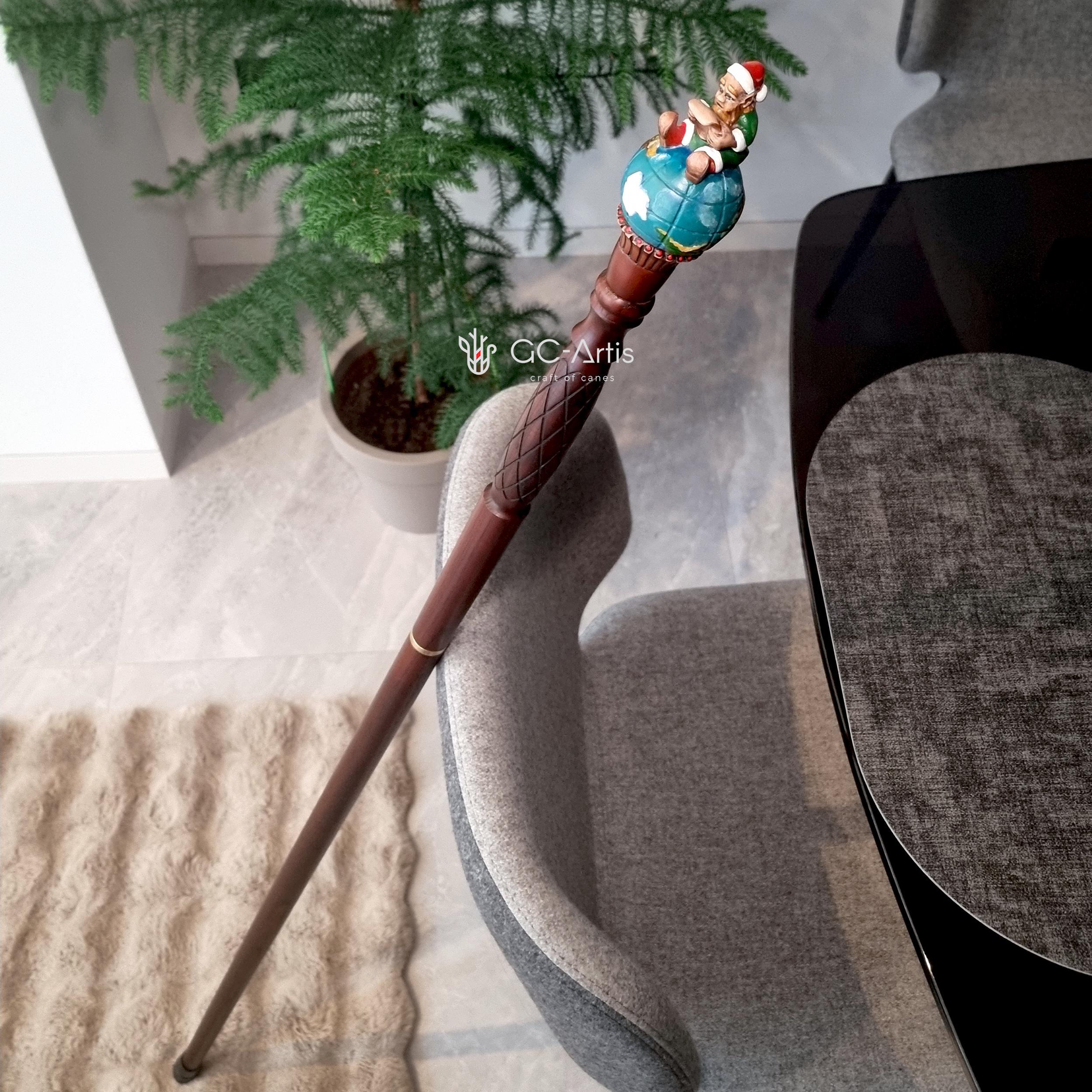 Small Wooden Walking Staff for Ms. Santa Сlaus or Santa's assistants Elf on a Globe wood carved handpainted Christmas custume acessory stick