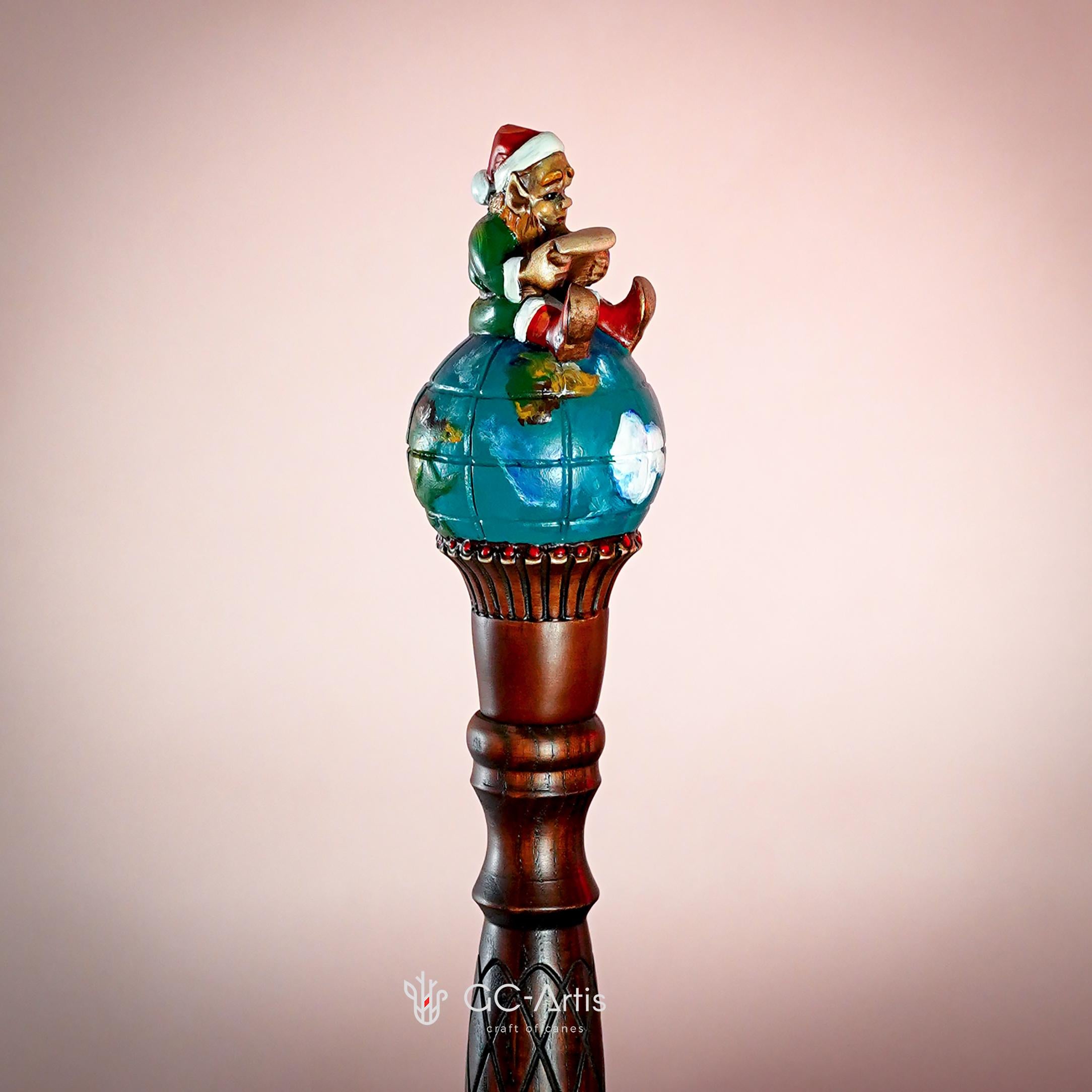 Small Wooden Walking Staff for Ms. Santa Сlaus or Santa's assistants Elf on a Globe wood carved handpainted Christmas custume acessory stick