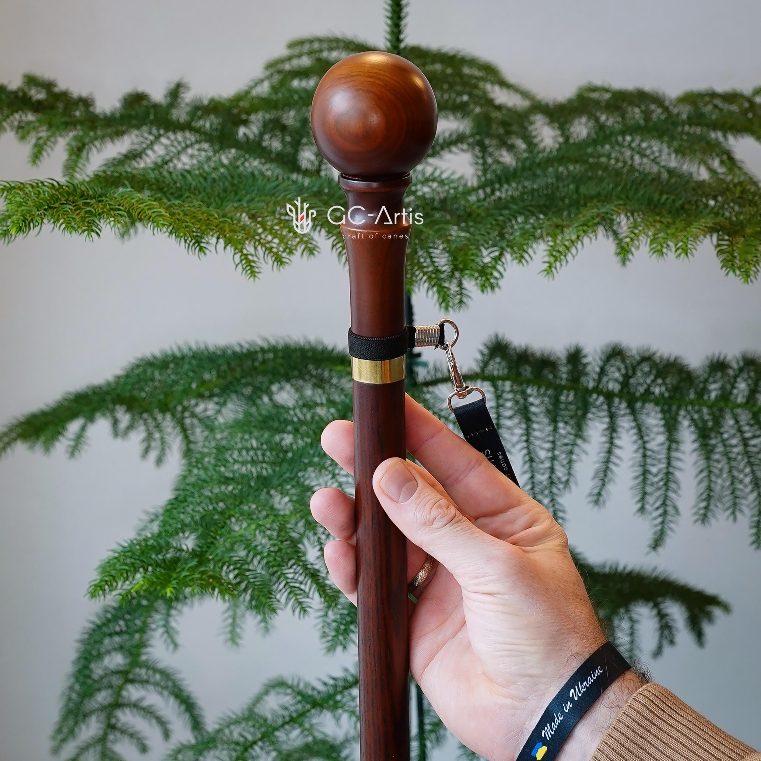 Classic Knob Style walking stick with Ball - Dark wood Walking Cane with Elegant topper & brass collar