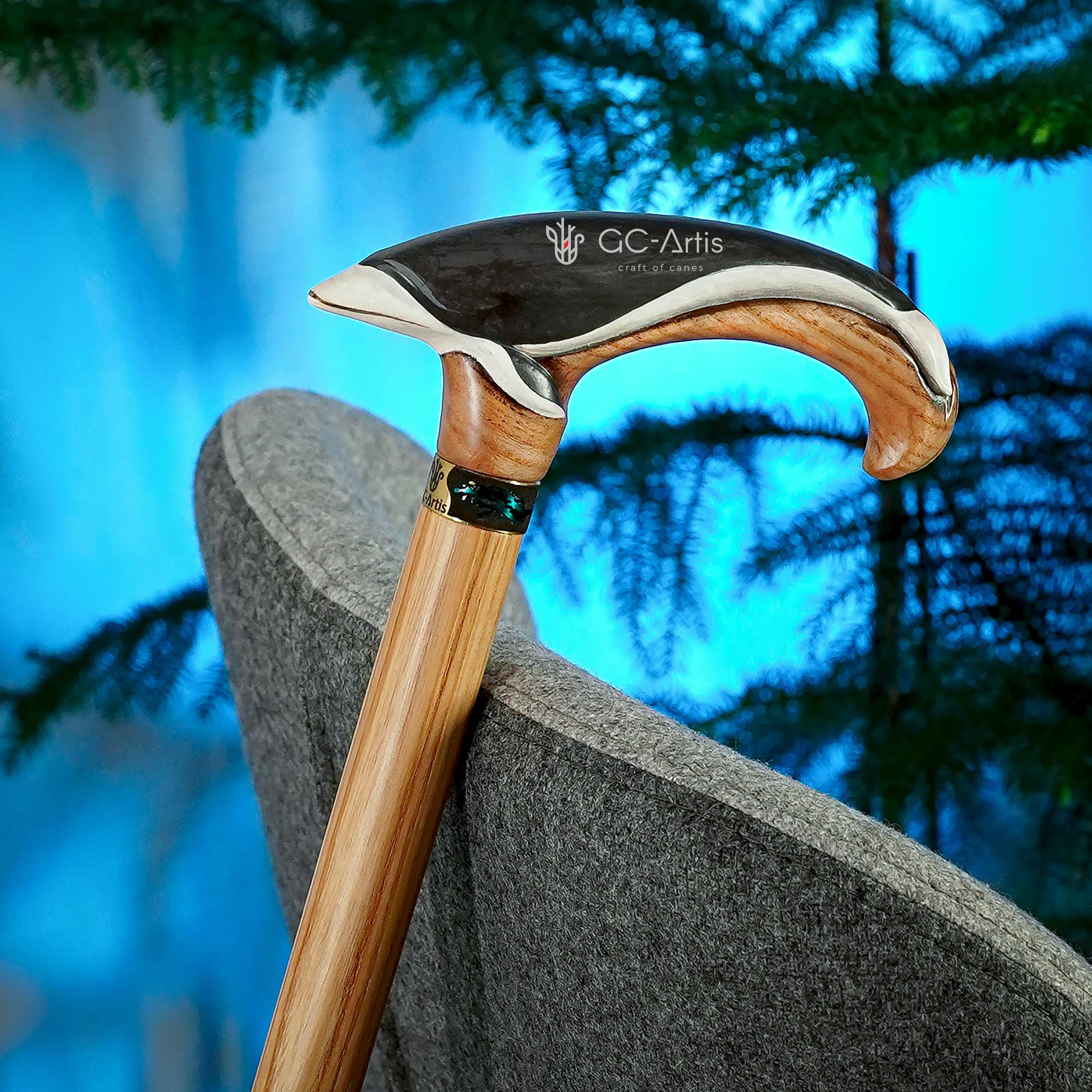 Wooden Cane Walking Stick Whale Dolphin Fish - Wood Carved Cane, Cool Handpainted handle & Light shaft Sea Style for man woman